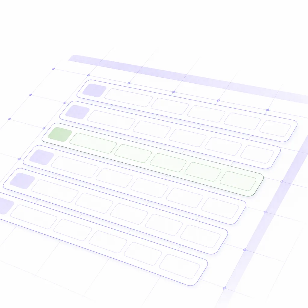 A bright, airy white composition of transaction rows settling into a ledger, with a faint violet grid