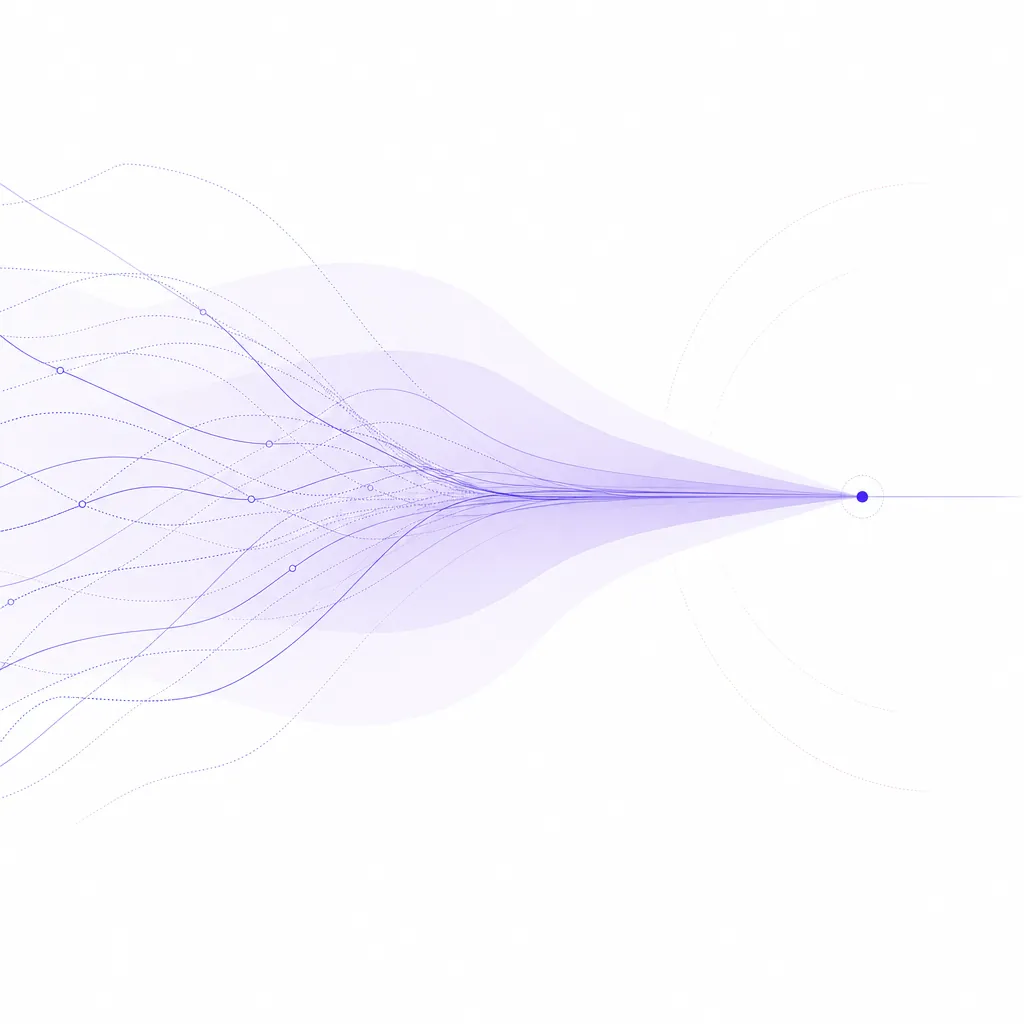 A bright, airy white composition of a forecast curve resolving into a point over a soft violet confidence band